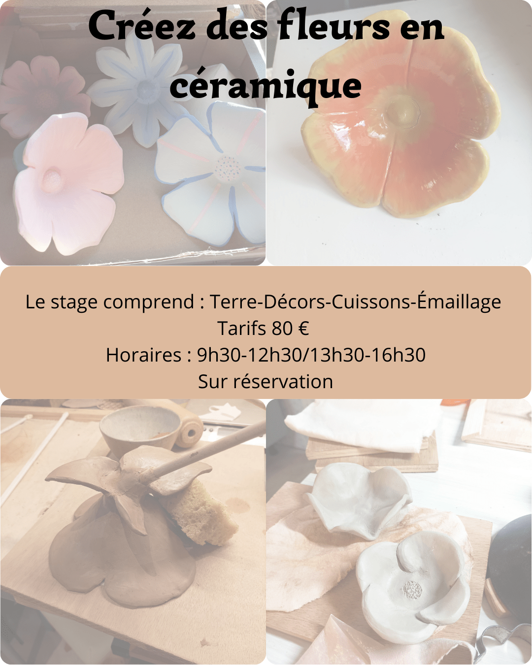 Créez  2 fleurs en céramique, façonnées à la plaque. Ouvert à tous, aux familles et même pour les débutants.